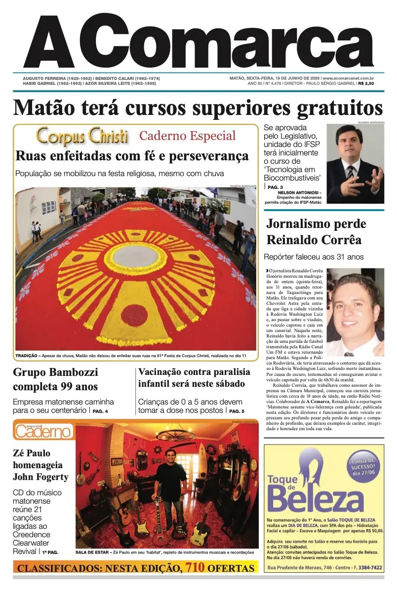 Primeira página da edição 4476 de A Comarca, 19 de junho de 2009