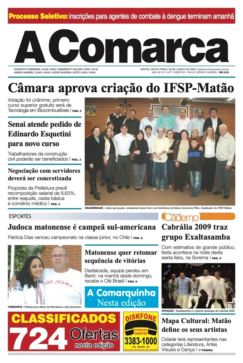 Primeira página da edição 4477 de A Comarca, 26 de junho de 2009
