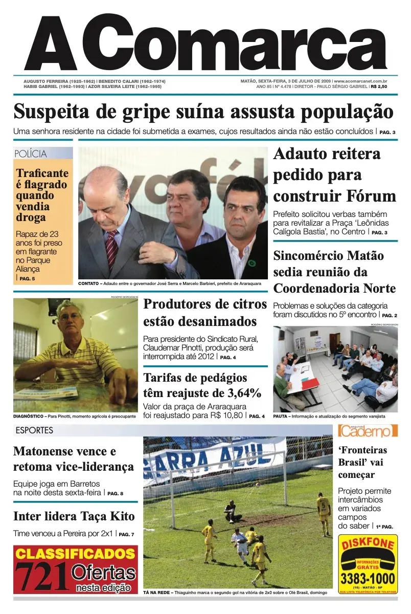 Primeira página da edição 4478 de A Comarca, 3 de julho de 2009