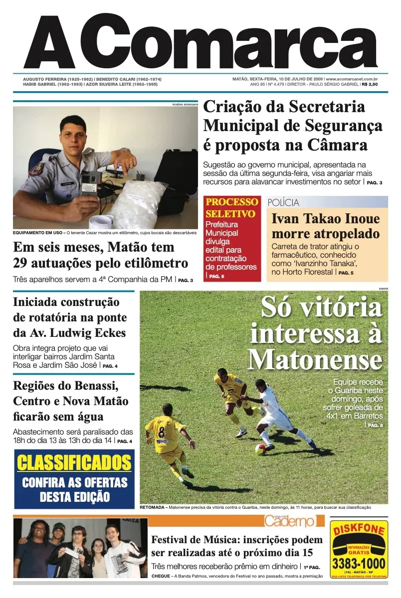 Primeira página da edição 4479 de A Comarca, 10 de julho de 2009