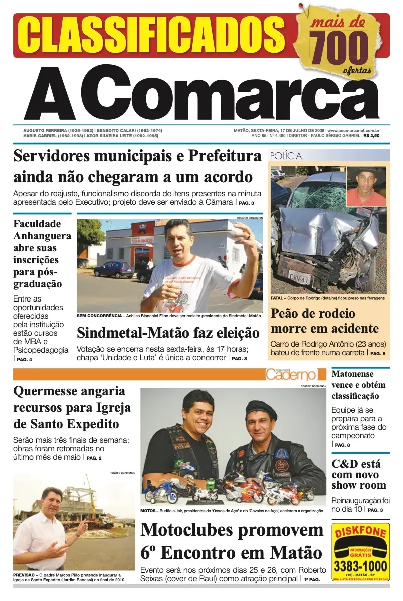 Primeira página da edição 4480 de A Comarca, 17 de julho de 2009