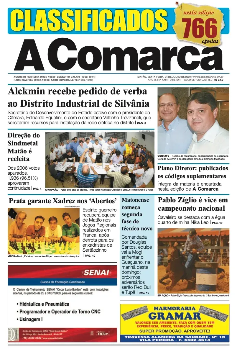 Primeira página da edição 4481 de A Comarca, 24 de julho de 2009