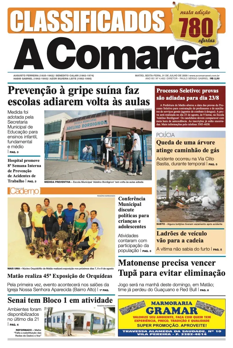 Primeira página da edição 4482 de A Comarca, 31 de julho de 2009