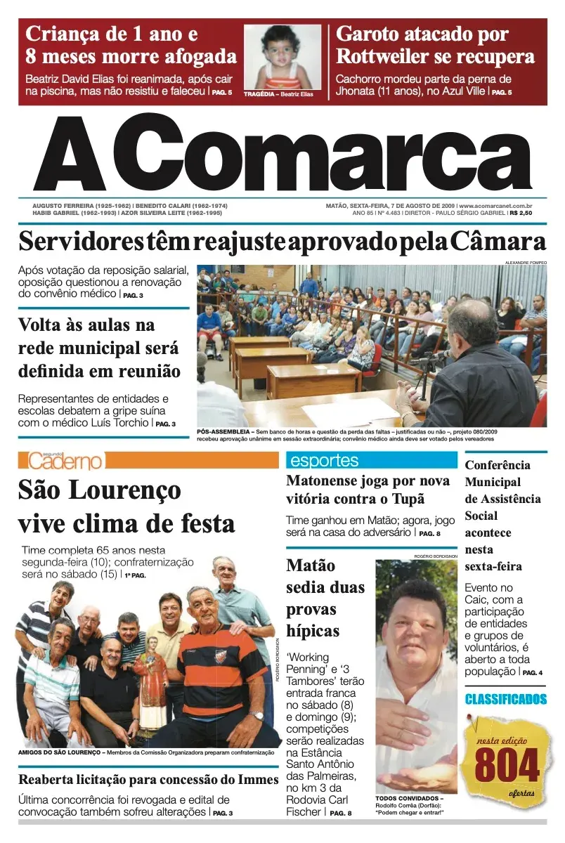 Primeira página da edição 4483 de A Comarca, 7 de agosto de 2009