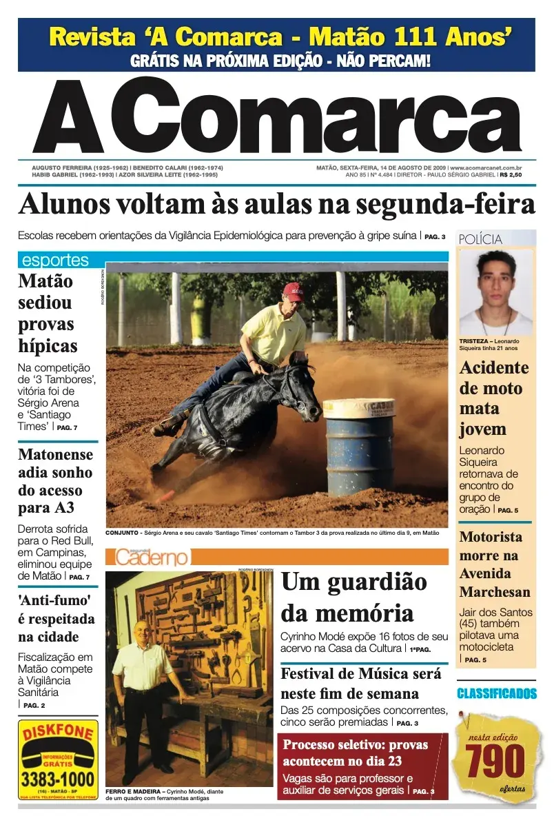 Primeira página da edição 4484 de A Comarca, 14 de agosto de 2009