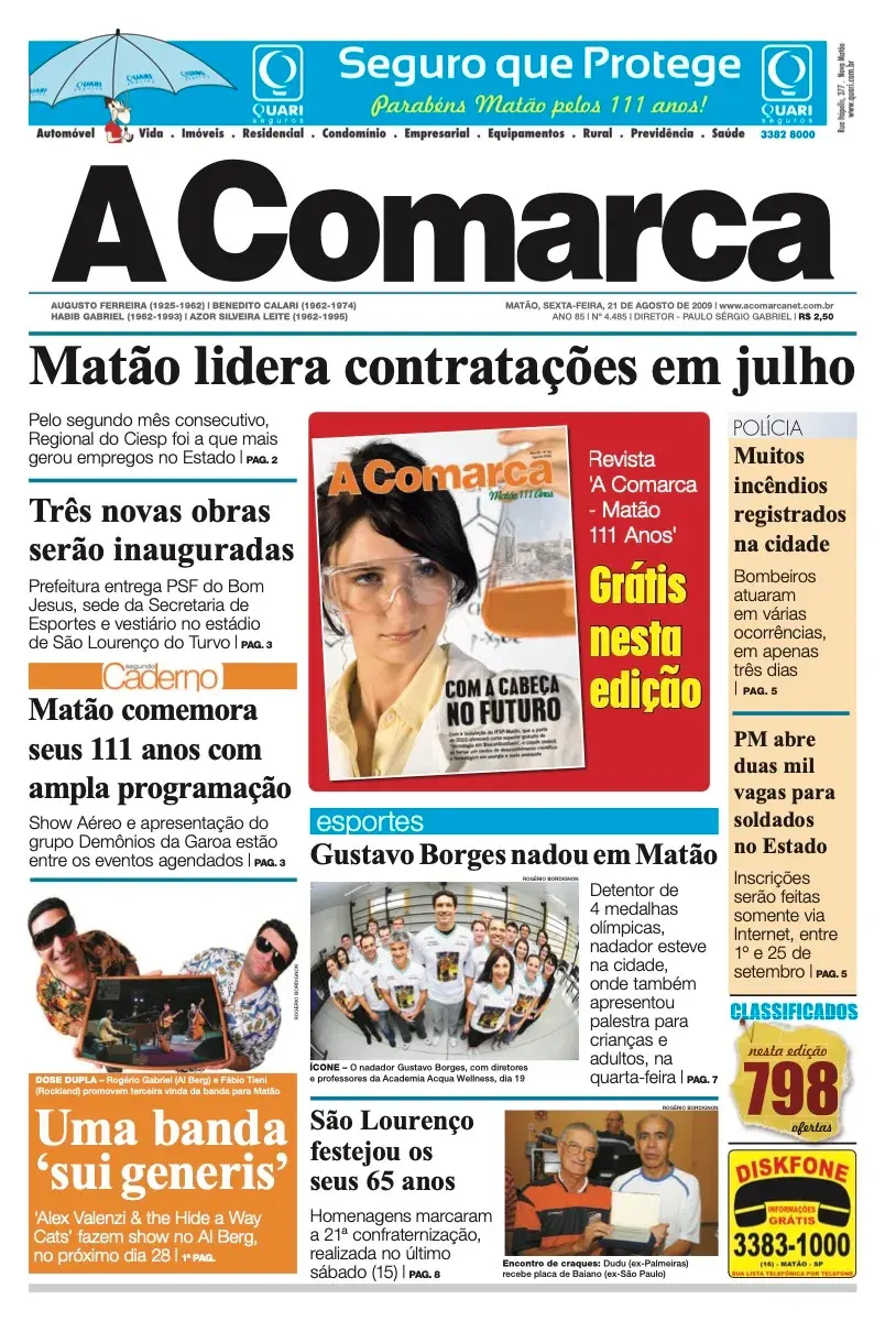 Primeira página da edição 4485 de A Comarca, 21 de agosto de 2009