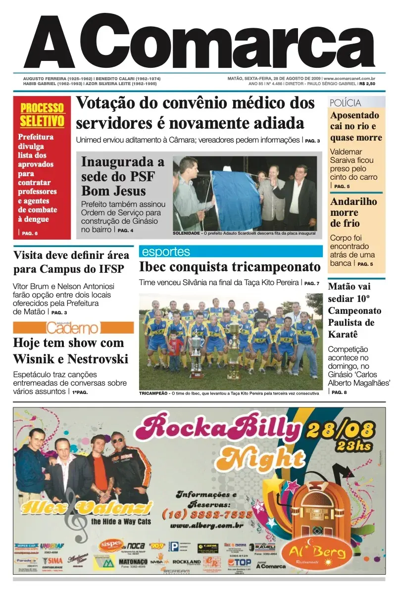 Primeira página da edição 4486 de A Comarca, 28 de agosto de 2009