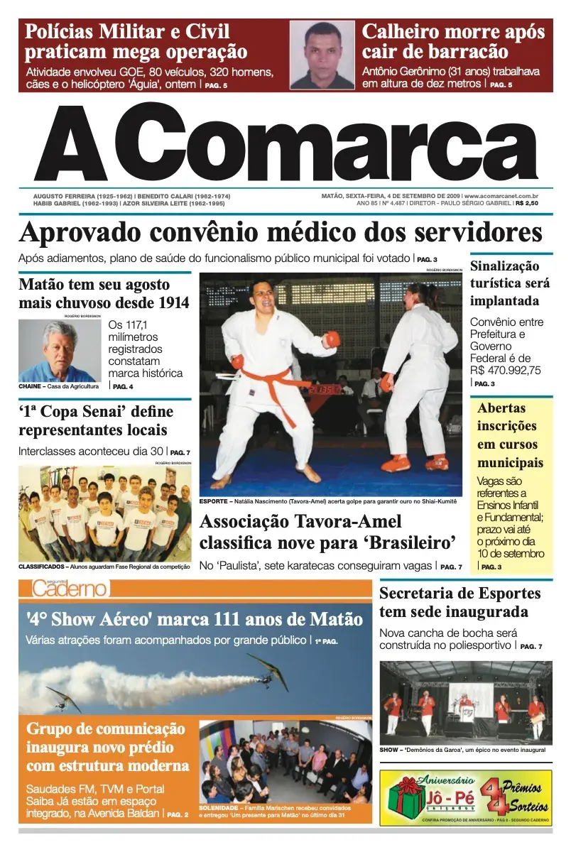 Primeira página da edição 4487 de A Comarca, 4 de setembro de 2009