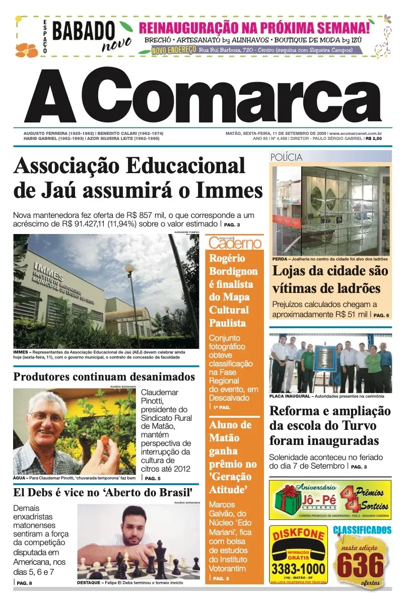 Primeira página da edição 4488 de A Comarca, 11 de setembro de 2009