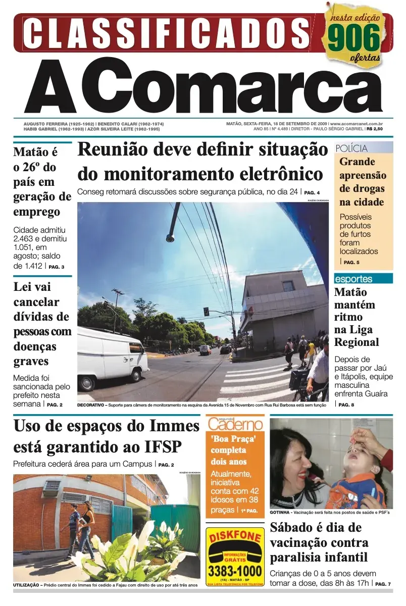 Primeira página da edição 4489 de A Comarca, 18 de setembro de 2009