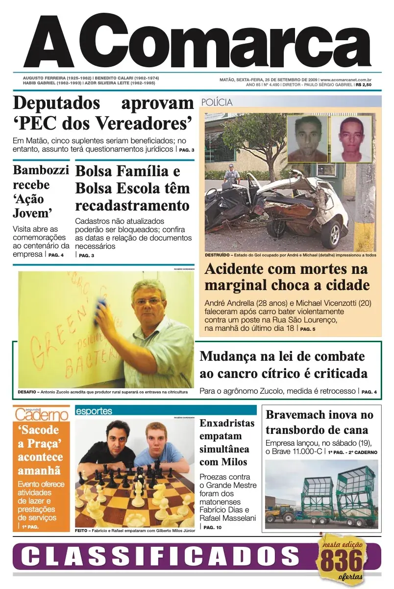 Primeira página da edição 4490 de A Comarca, 25 de setembro de 2009