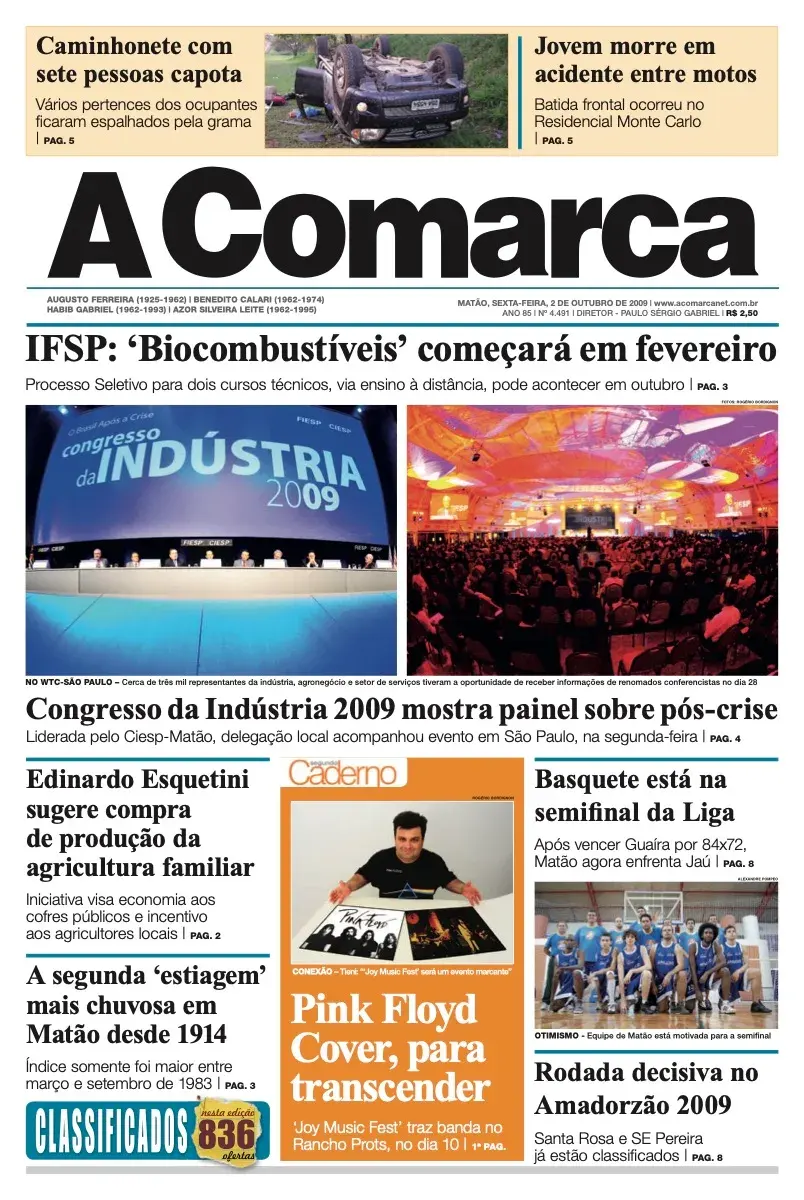Primeira página da edição 4491 de A Comarca, 2 de outubro de 2009