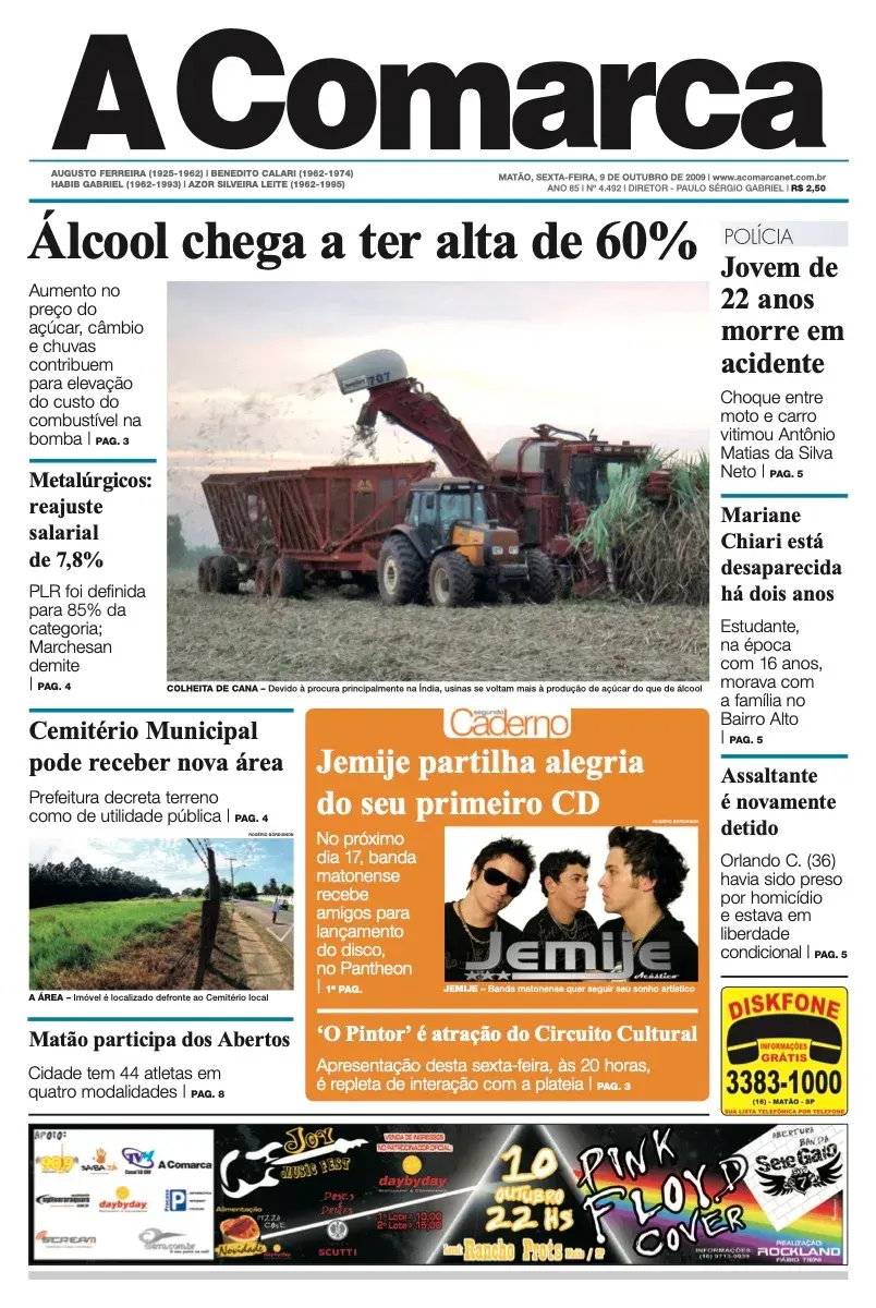 Primeira página da edição 4492 de A Comarca, 9 de outubro de 2009