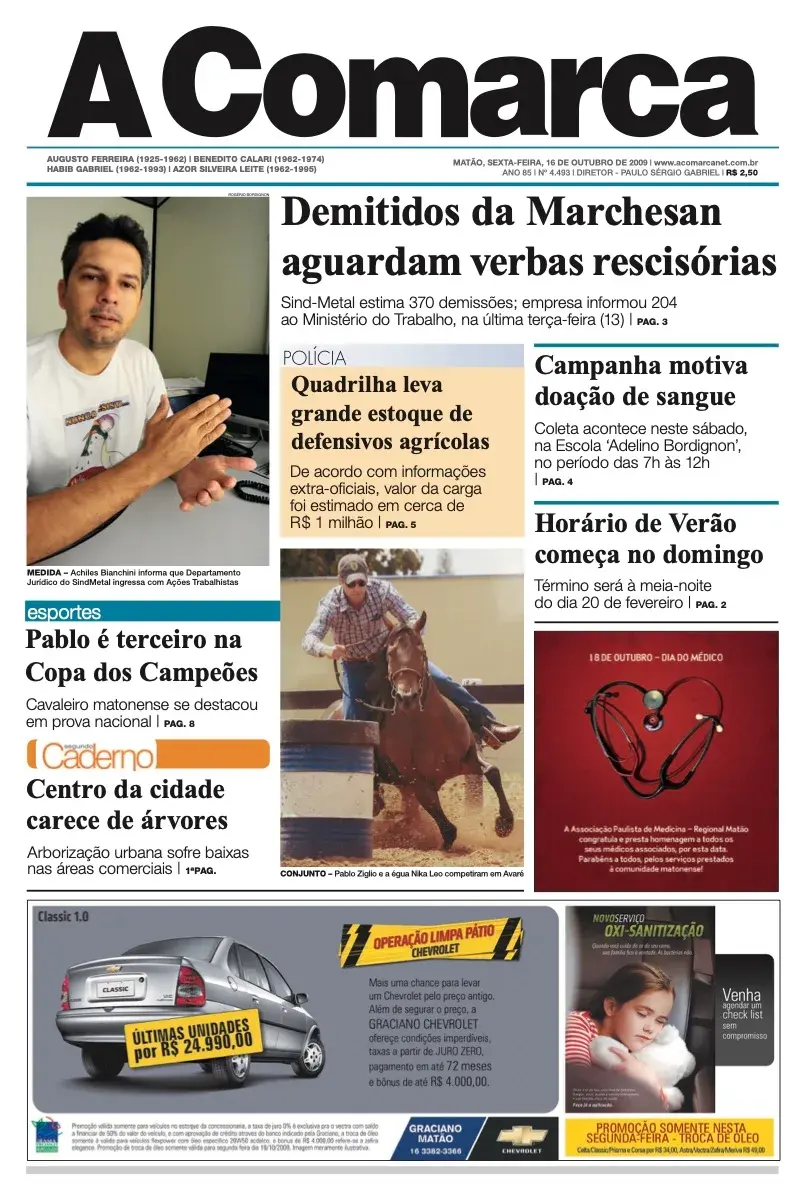 Primeira página da edição 4493 de A Comarca, 16 de outubro de 2009