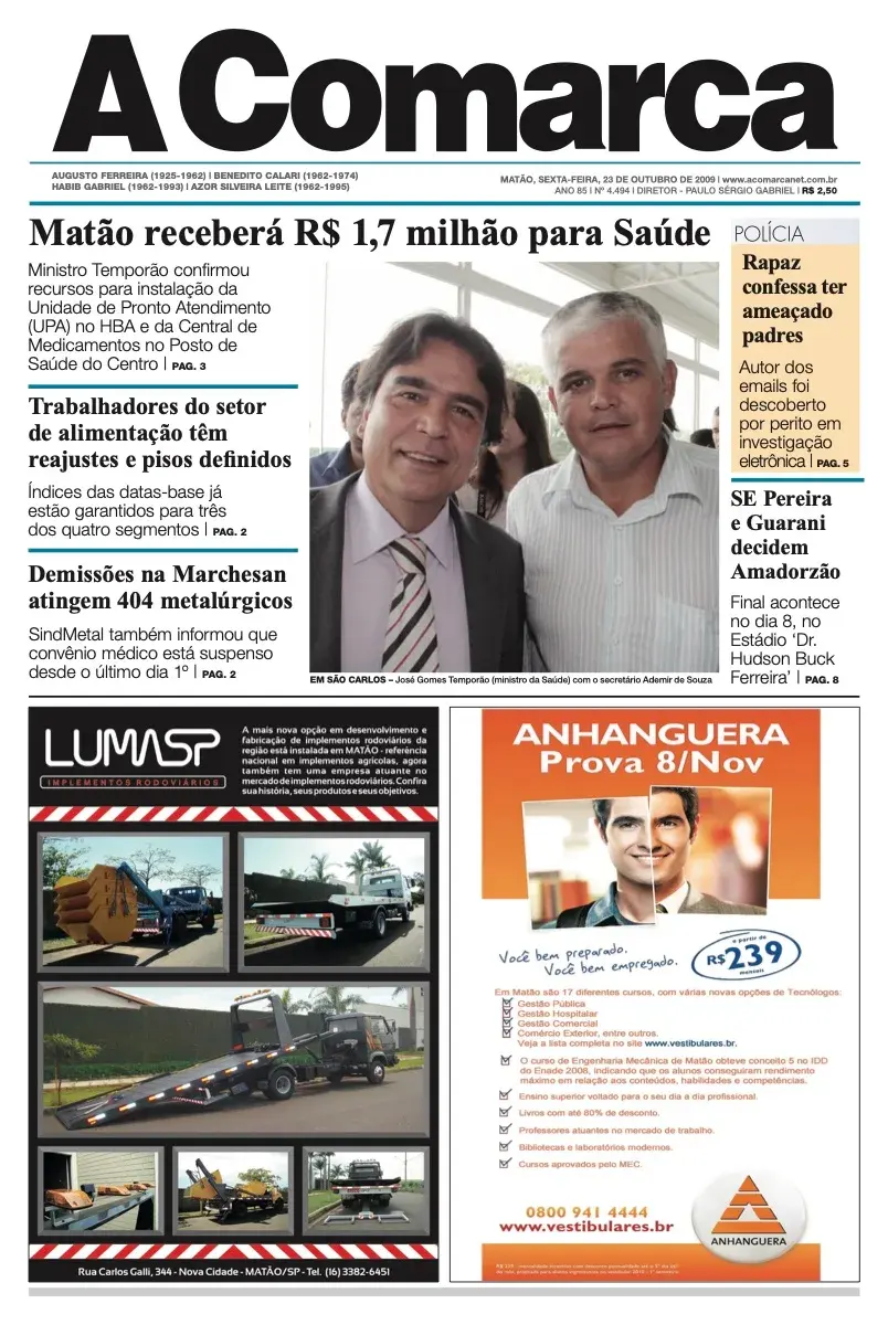 Primeira página da edição 4494 de A Comarca, 23 de outubro de 2009