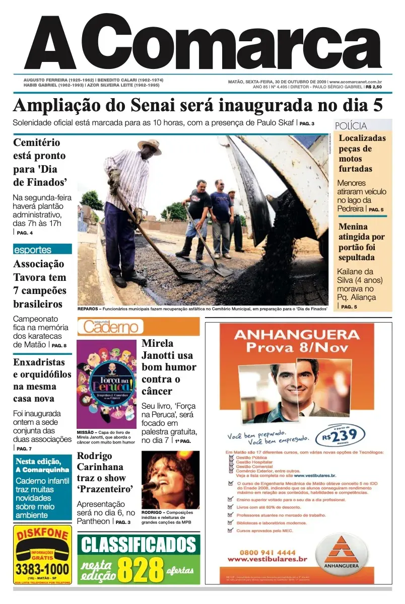 Primeira página da edição 4495 de A Comarca, 30 de outubro de 2009