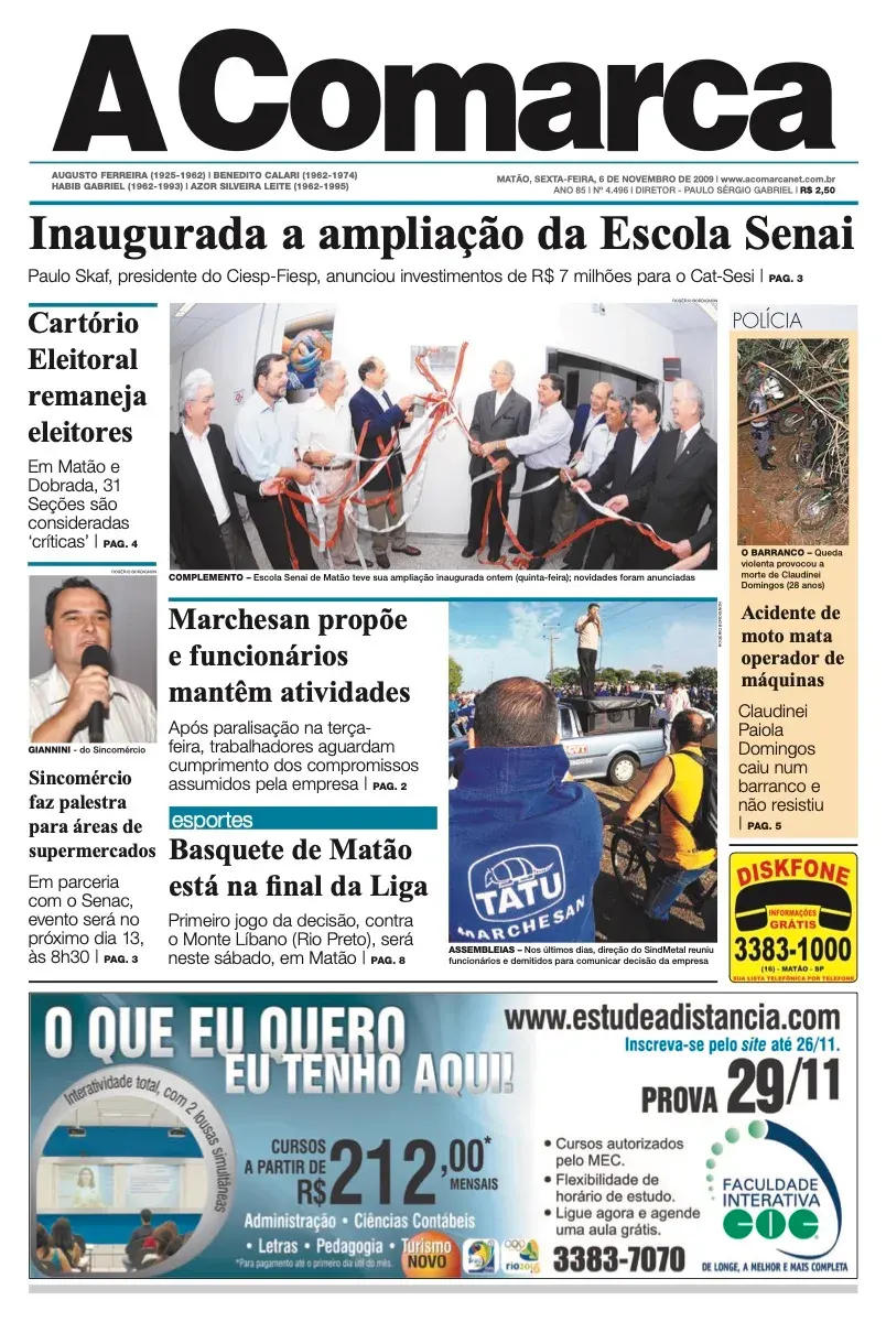 Primeira página da edição 4496 de A Comarca, 6 de novembro de 2009