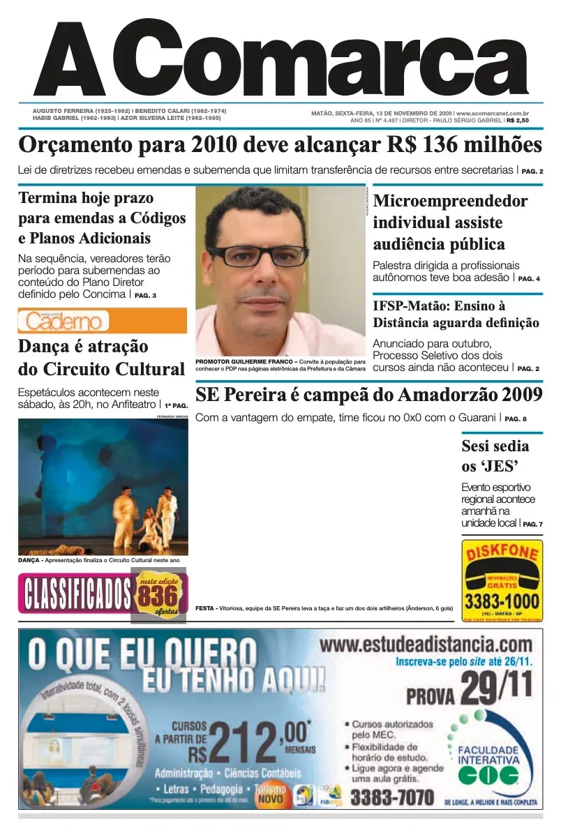 Primeira página da edição 4497 de A Comarca, 13 de novembro de 2009