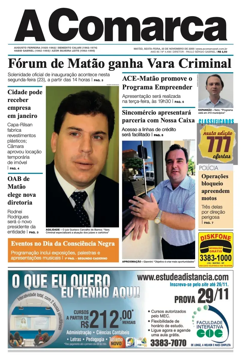 Primeira página da edição 4498 de A Comarca, 20 de novembro de 2009