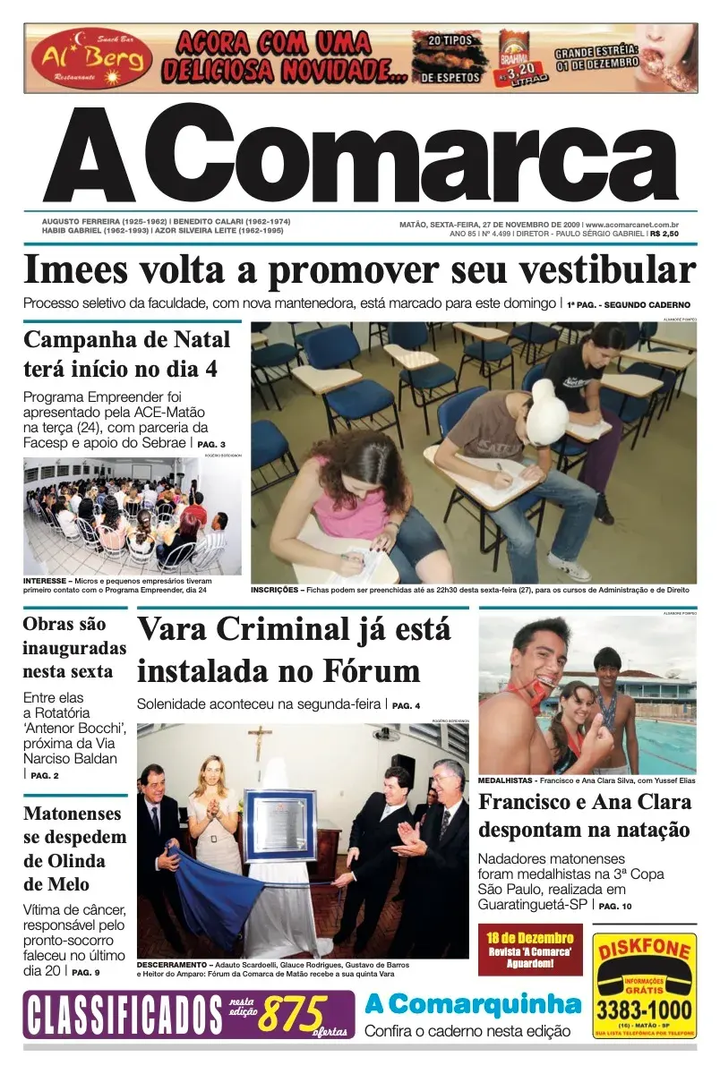 Primeira página da edição 4499 de A Comarca, 27 de novembro de 2009