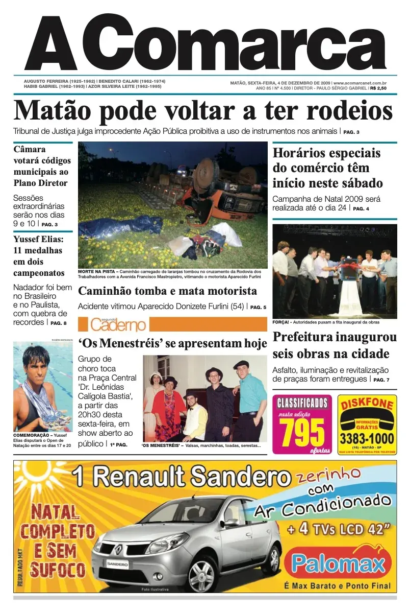 Primeira página da edição 4500 de A Comarca, 4 de dezembro de 2009