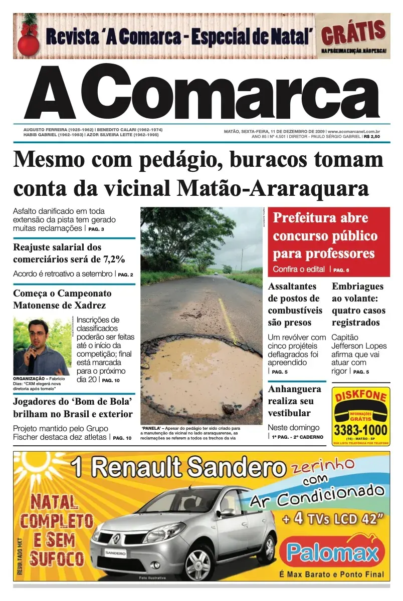 Primeira página da edição 4501 de A Comarca, 11 de dezembro de 2009