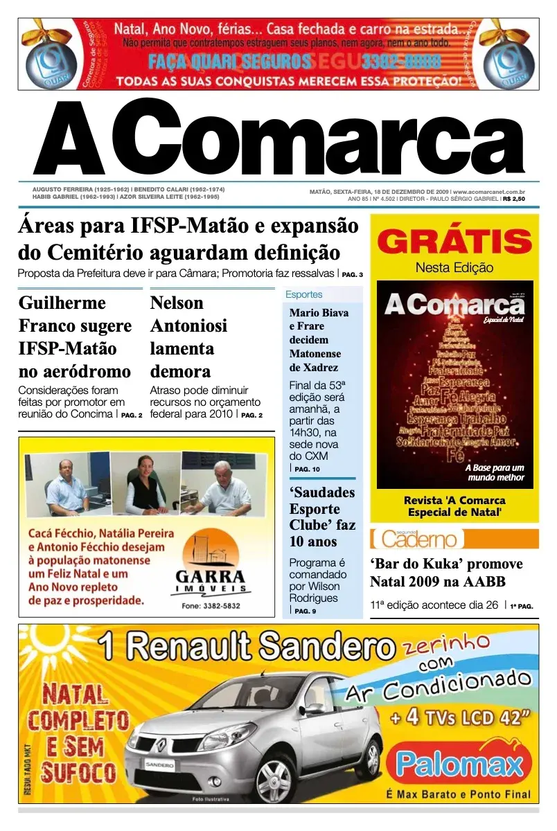 Primeira página da edição 4502 de A Comarca, 18 de dezembro de 2009