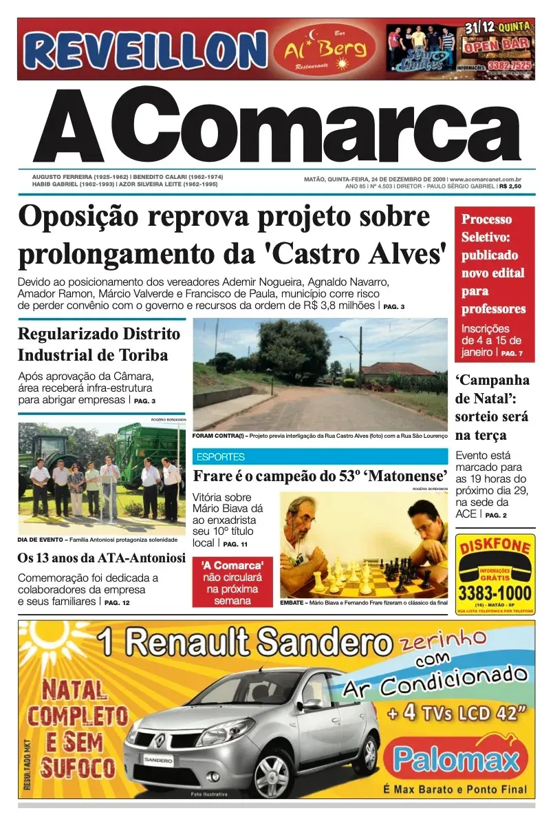 Primeira página da edição 4503 de A Comarca, 24 de dezembro de 2009