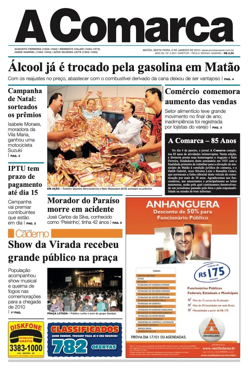 Primeira página da edição 4504 de A Comarca, 8 de janeiro de 2010