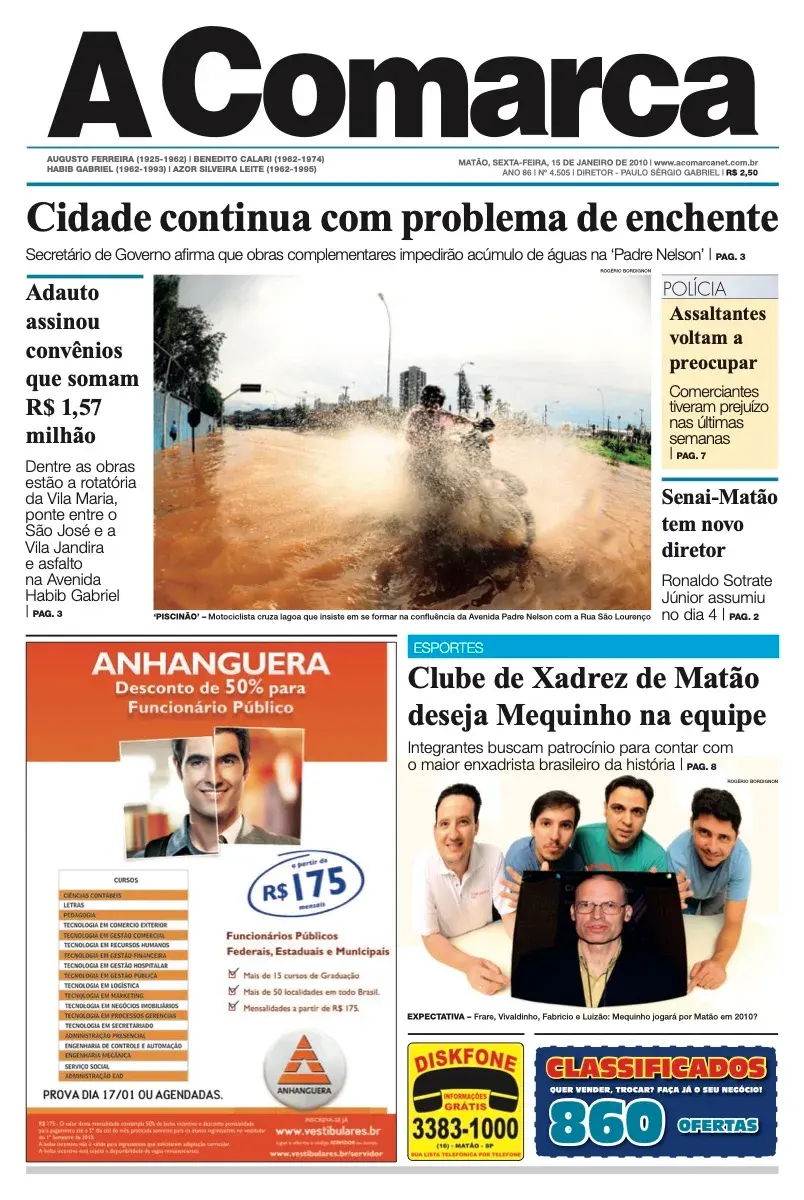 Primeira página da edição 4505 de A Comarca, 15 de janeiro de 2010