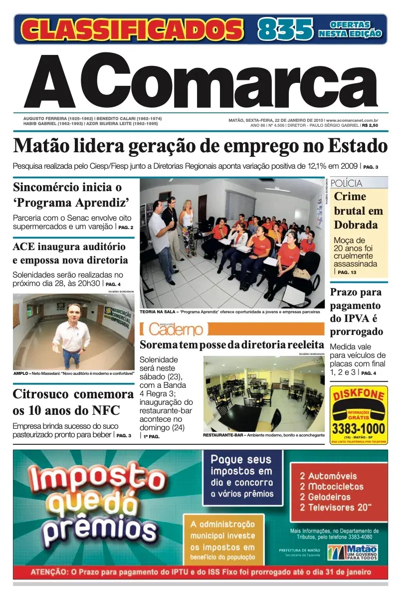 Primeira página da edição 4506 de A Comarca, 22 de janeiro de 2010
