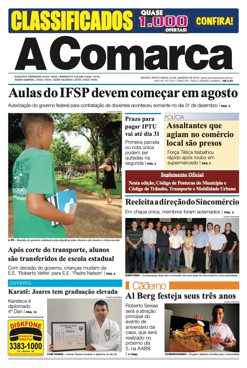 Primeira página da edição 4507 de A Comarca, 29 de janeiro de 2010