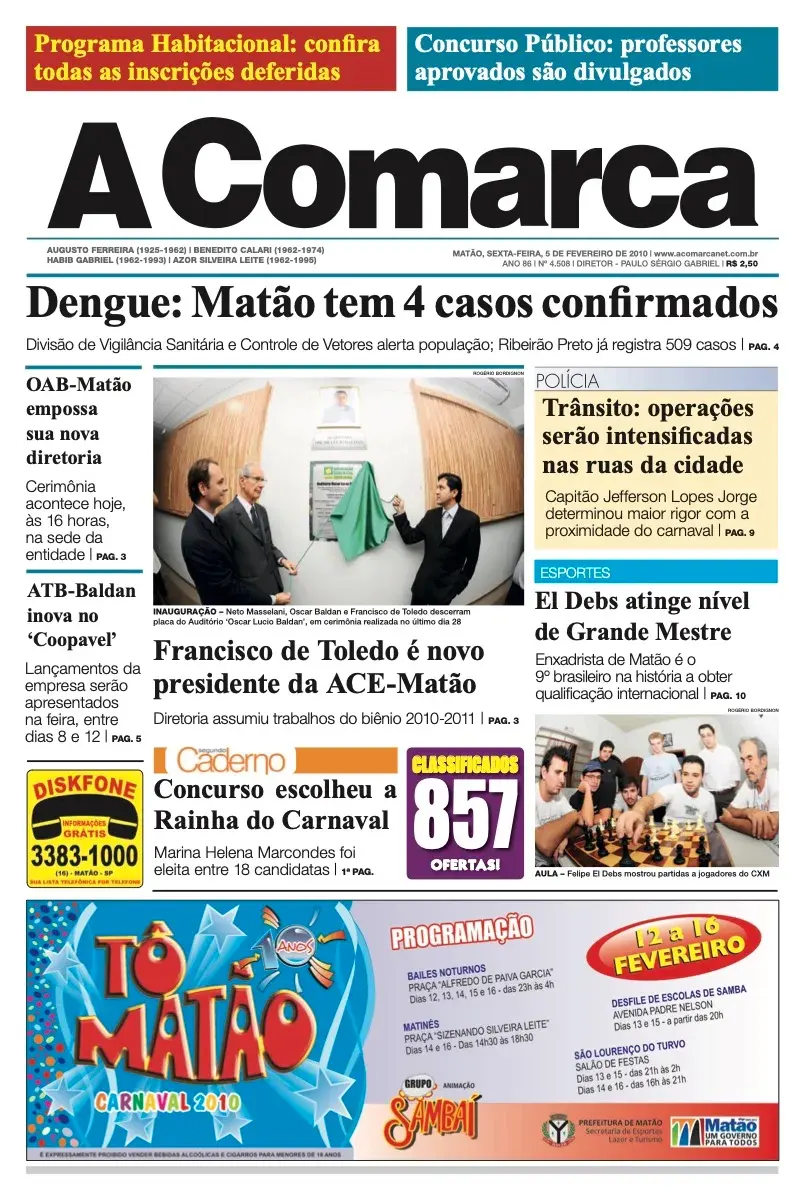 Primeira página da edição 4508 de A Comarca, 5 de fevereiro de 2010