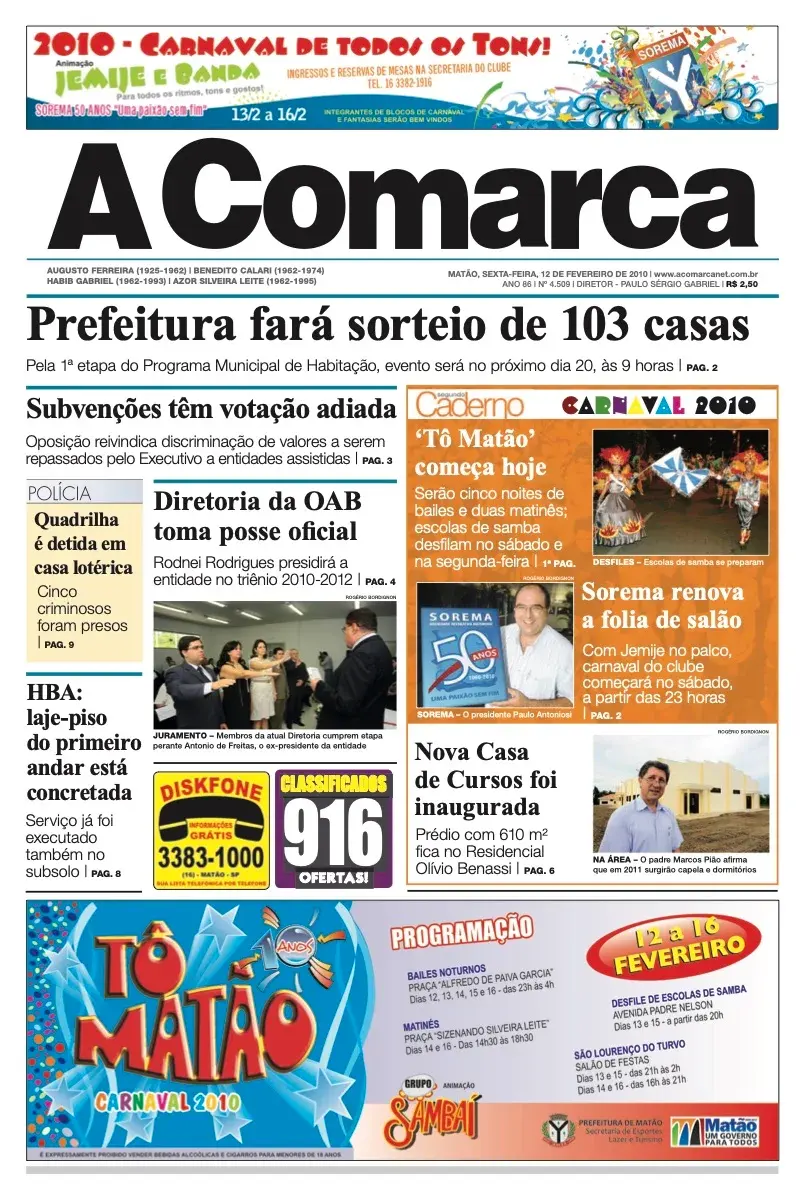 Primeira página da edição 4509 de A Comarca, 12 de fevereiro de 2010
