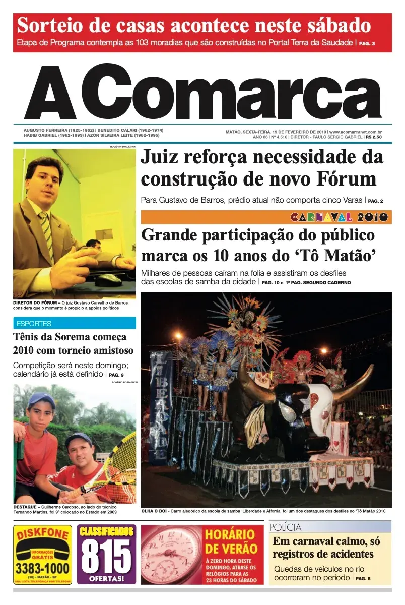 Primeira página da edição 4510 de A Comarca, 19 de fevereiro de 2010