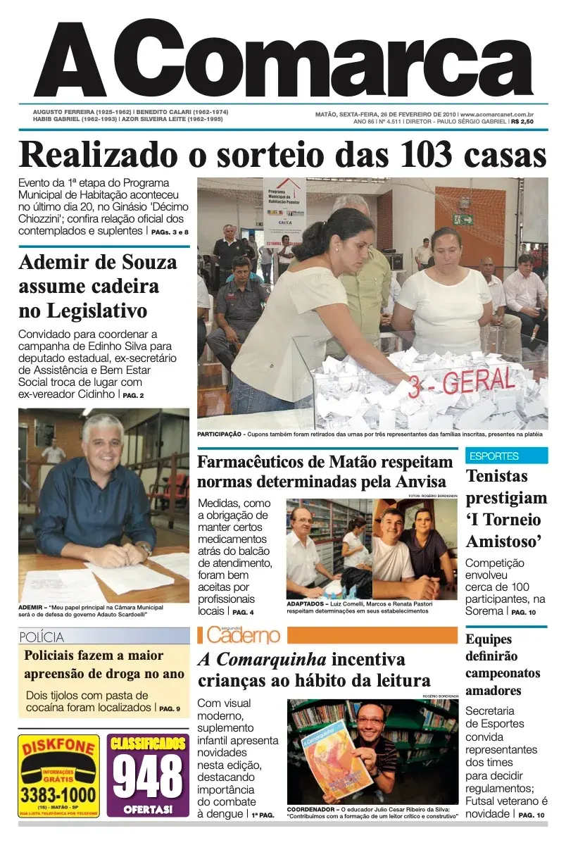 Primeira página da edição 4511 de A Comarca, 26 de fevereiro de 2010