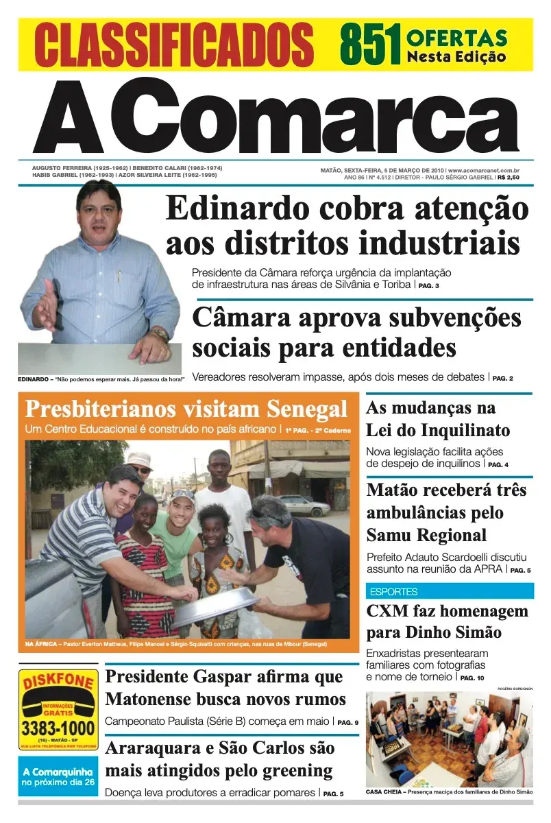 Primeira página da edição 4512 de A Comarca, 5 de março de 2010