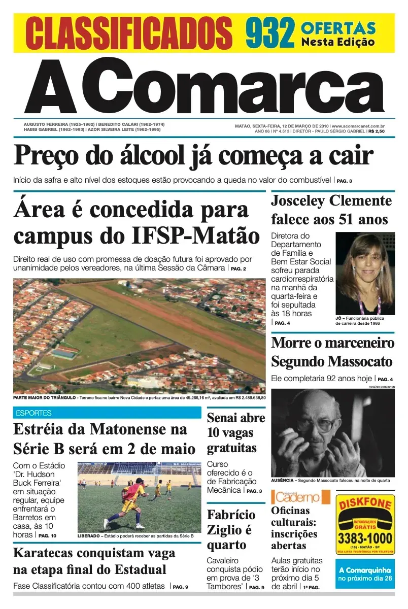 Primeira página da edição 4513 de A Comarca, 12 de março de 2010