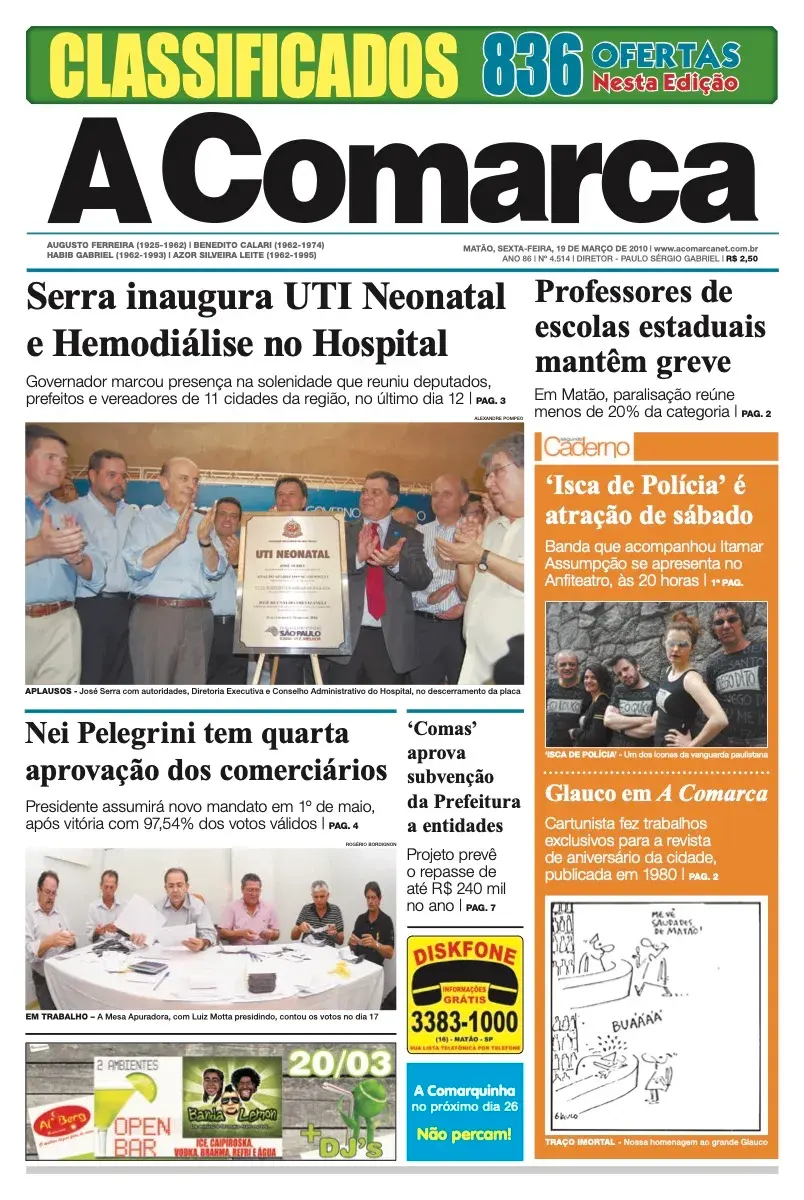 Primeira página da edição 4514 de A Comarca, 19 de março de 2010