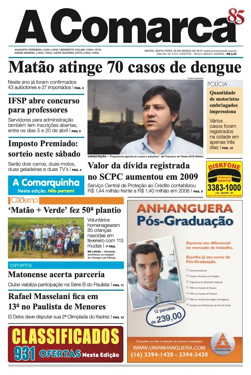Primeira página da edição 4515 de A Comarca, 26 de março de 2010