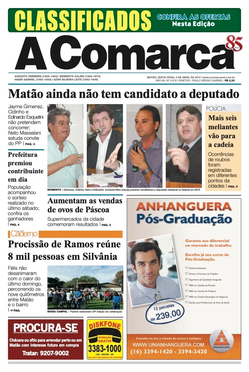 Primeira página da edição 4516 de A Comarca, 2 de abril de 2010