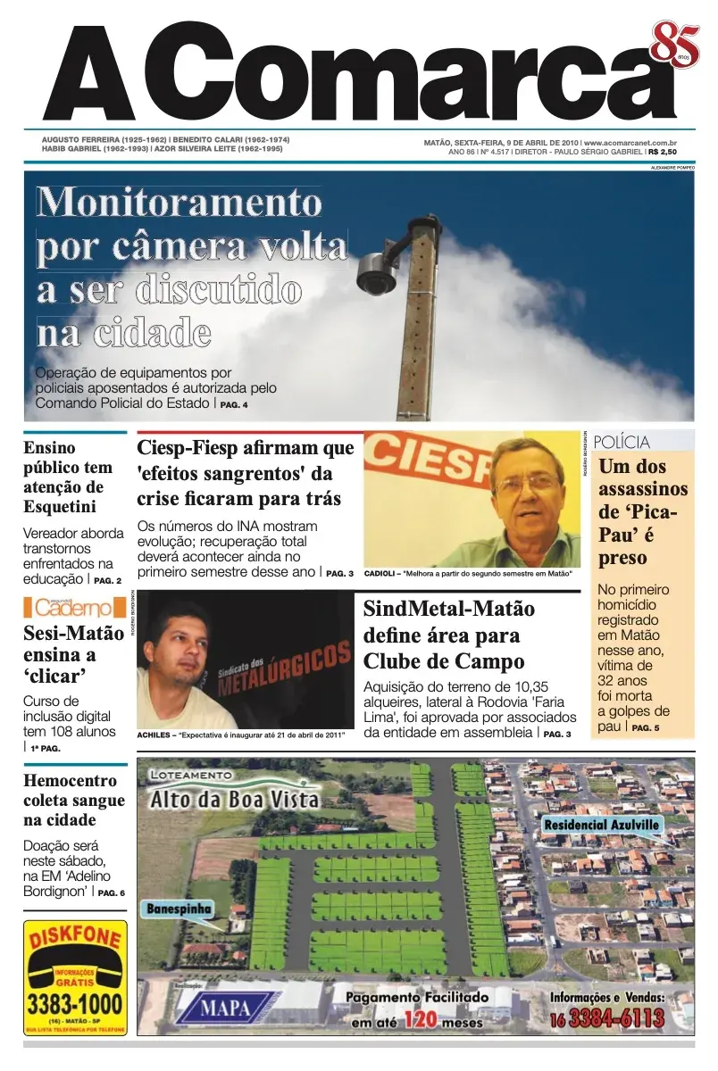 Primeira página da edição 4517 de A Comarca, 9 de abril de 2010