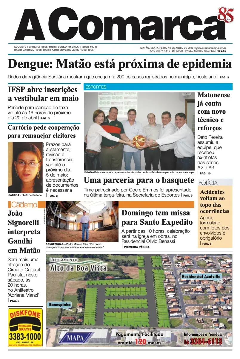 Primeira página da edição 4518 de A Comarca, 16 de abril de 2010