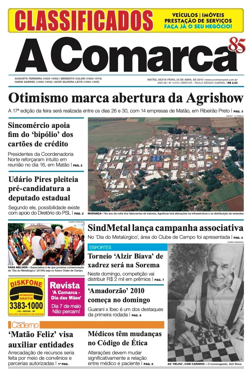 Primeira página da edição 4519 de A Comarca, 23 de abril de 2010