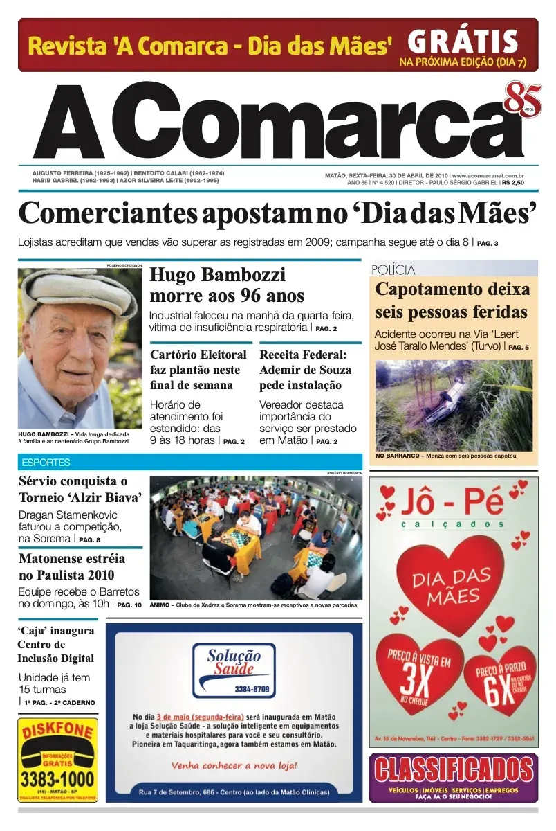 Primeira página da edição 4520 de A Comarca, 30 de abril de 2010
