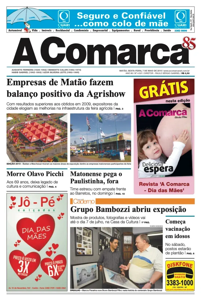 Primeira página da edição 4521 de A Comarca, 7 de maio de 2010