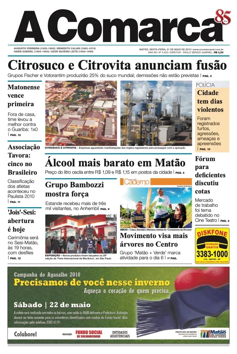 Primeira página da edição 4523 de A Comarca, 21 de maio de 2010