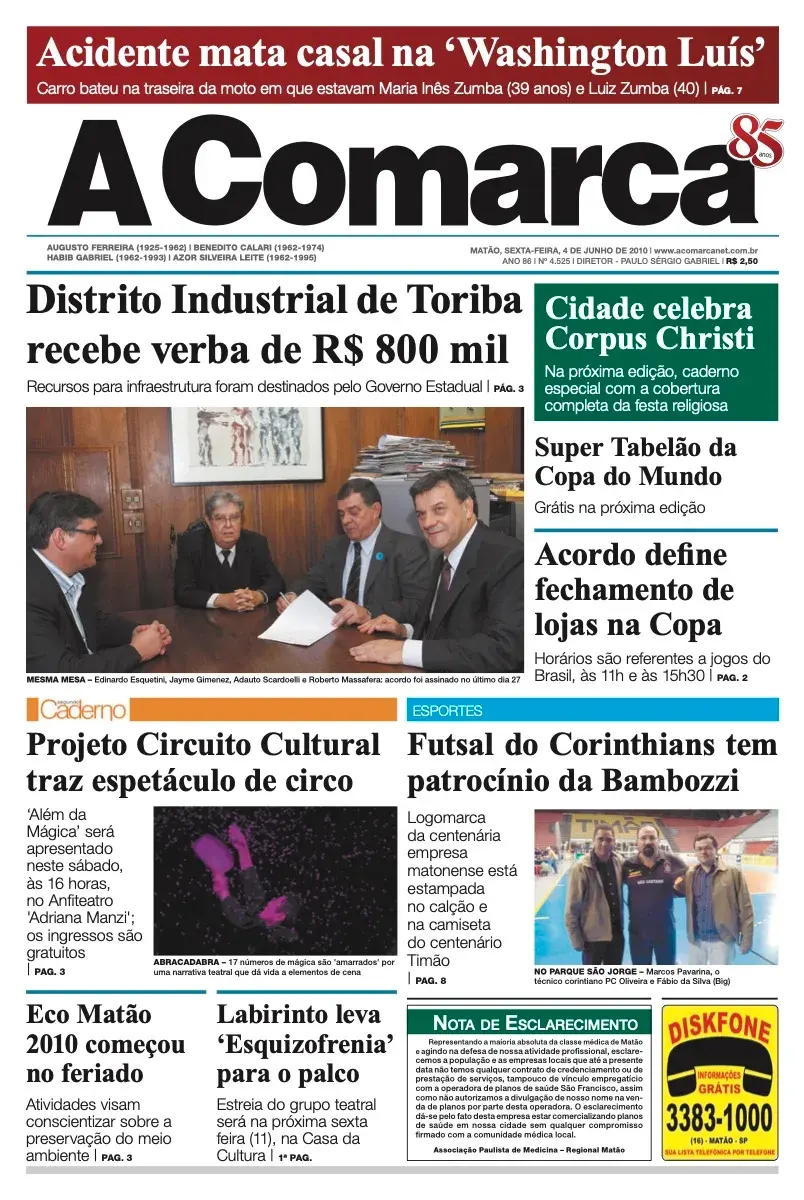 Primeira página da edição 4525 de A Comarca, 4 de junho de 2010