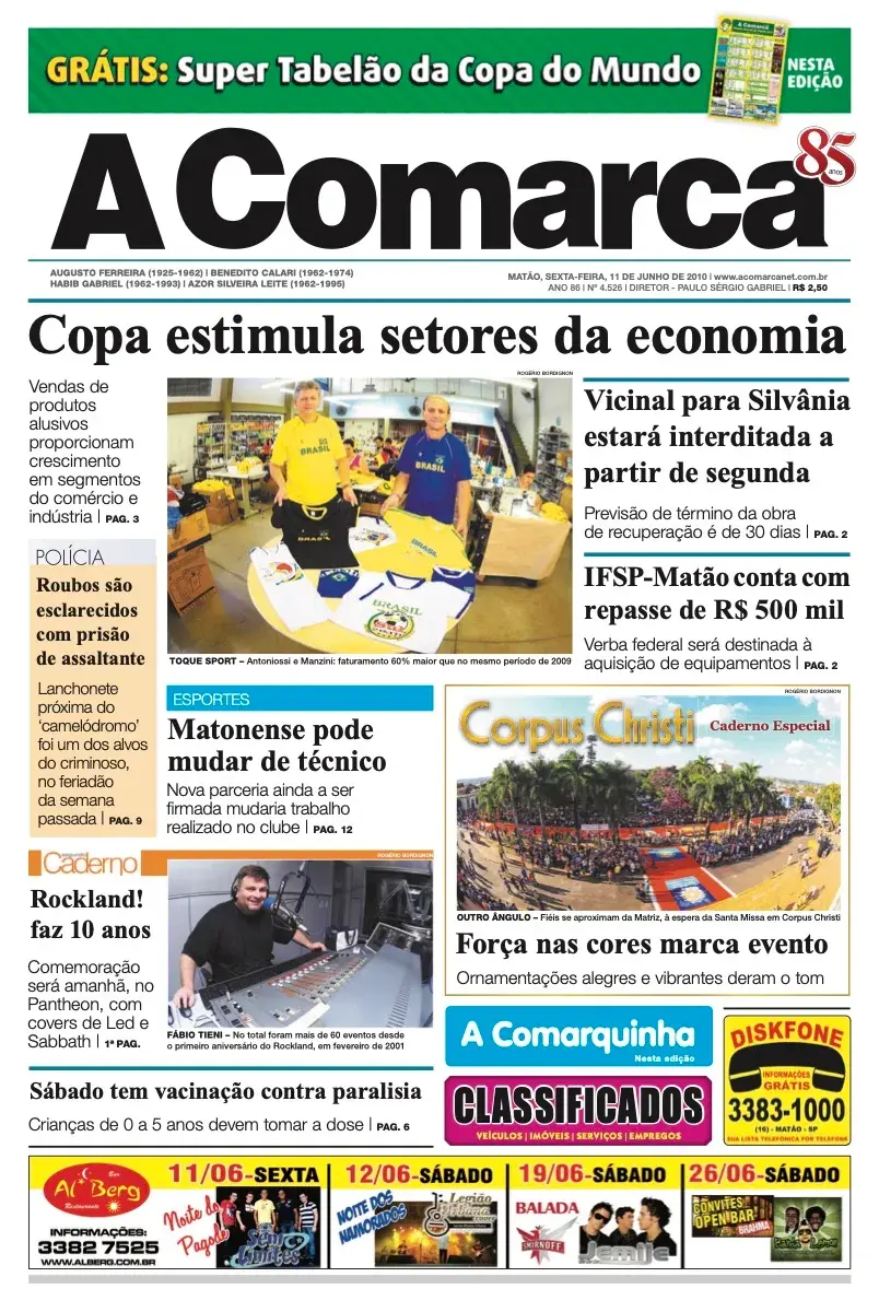 Primeira página da edição 4526 de A Comarca, 11 de junho de 2010