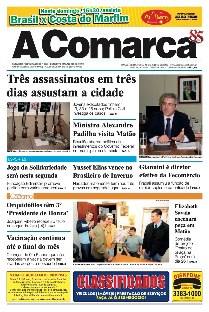 Primeira página da edição 4527 de A Comarca, 18 de junho de 2010